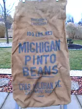 VTG BURLAP MICHIGAN PINTO BEANS SACK! GREAT GRAPHICS! SAGINAW MICHIGAN 20" x 36"