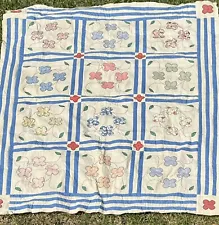 Vintage 1930s Feed Sacks Hand Applique Flowers Quilt TOP - 74"x95" (2401)