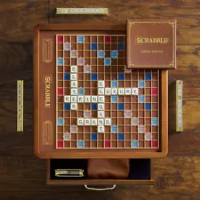 New Scrabble Luxury Edition with Wood Cabinet and Rotating Turntable Game Board