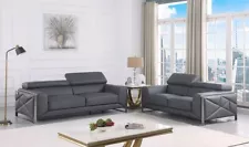 GENUINE Italian Leather Gray 2PC Sofa Loveseat Contemporary Living Room Set