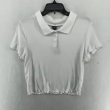 Wild Fable Cropped Polo Shirt Women's Sz XL White Collared Ribbed Lettuce Hem