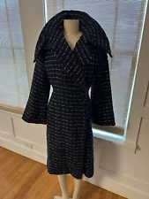 Vtg 50 Pauline Trigere Blk Wool Fit Flare Coat Side Bttn Bell Slv Wedding Collar