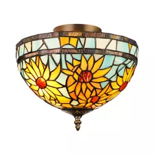 Tiffany Stained Glass Semi Flush Mount Ceiling Lamp Art Deco Light for Bedroom