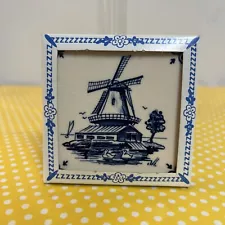 Delft Vintage White Blue Holland Hand Painted Ceramic Tile Windmill New Box Boat