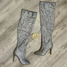 Women's Sexy Silver Glitter Over The Knee Stiletto Boots Size 8.5 WORN ONCE EUC