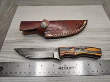 Handmade Real Damascus Steel Hunting Knife Wood Handle, Leather Sheath