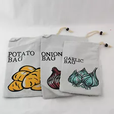 Set of 3 Veggie Sacks Gray Drawstring Insulted Bags for Potatoes Onions & Garlic