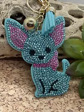 CHIHUAHUA Dog Key Ring Fob Clip on Plush Purse Charm Rhinestones Bling Blue Sale