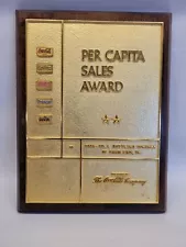 Coca-Cola Per Capita Sales Award Embossed Metal Plaque mounted on wood 1960's