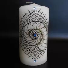 The Divine Palm Pillar Candle Henna Art Swirl Shell Pattern Blue Stones