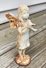 Cast Iron Patina Chippy Fairy Angel Figurine Garden Statue Bird in Hand Rustic