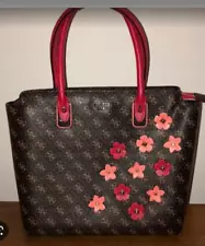 GUESS Liya Logo W Flowers New w Tag Medium Tote Red Coral Accents Purse Handbag