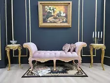 French Style Chaise Lounge/ Antique Gold Leaf Finish/Hand Carved Wood Frame/