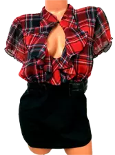 *Heart soul black red plaid see through faux belt open sexy cleavage top 3X