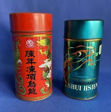 Vintage Lot Of Two China Tea Tins Good Colors And Graphics 6”-6.5” Tall