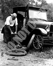 1927 Man Changing a Flat Tire On a Model T Coupe Car 8x10 Photo