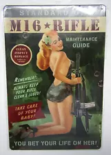 New Metal Sign- US Army M16 Maintenance Guide- Pin Up- Camo Swimsuit- Blond