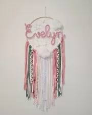 Knit Name Evelyn Macrame Boho Dream Catcher Hanging Large 28" Pink Green White