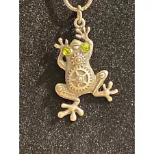 Steampunk Frog Pendant Necklace With Green Gemstone Eyes & Gear Details