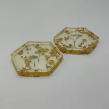 Handmade Resin Dried Baby’s Breath Gold Fleck Hexagon Coasters