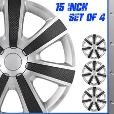 15" Set Of 4 Silver&Black Wheel Covers Snap On Hub Caps Fit R15 Tire Steel Rim