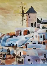 YARY DLUHOS Greece Greek Santorini Mykonos Island Sunset Original Oil Painting