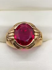 Fantastic Vintage DECO 10K Yellow Gold & Bezel Set Large RUBY Men's Ring, 7grams