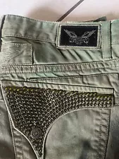 Robin’s Jean Shorts 36 *Retail $650* Swarovski Crystal Long Flap Pocket