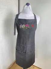 Hand Embroidered Herbs Denim Bib Apron Pockets Baking Chef Home Work BBQ Decor