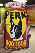 RARE 1950s PERK DOG FOOD STAMPED PAINTED METAL SIGN PET STORE PUPPY BULLDOG OIL