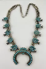 Old Zuni Sterling Petit Point Turquoise Cluster Squash Blossom Necklace 23"