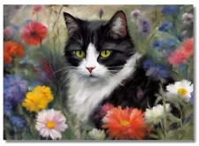 5x7 PRINT- BEAUTUFUL BLACK AND WHITE CAT SITTING IN THE FLOWERS