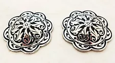 Jeremiah Watt Pair Conchos Floral Stainless Steel Screw Back Horse Tack Black