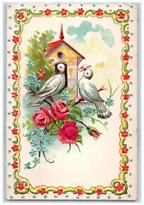 c1910's Pigeons Birds House Cage With Letter Roses Pansies Flowers Silk Postcard