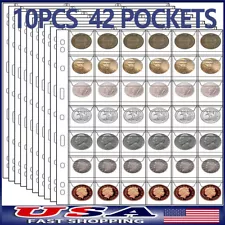 (42 Pockets) 10 Sheets Coin Binder Inserts Sleeves Collection Pages with 9 Hole