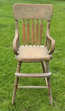 Antique Victorian Bent Wooden Arm Childs/Toddler High Chair Plank Seat