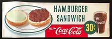 NOS 1950 COCA COLA Advertising 22x7 Paper Sign: HAMBURGER, ONIONS, GLASS of COKE