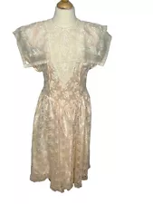 Vtg Jessica McClintock Girls Cream Peachy Lace Overlay Flower Girl Dress Size 10