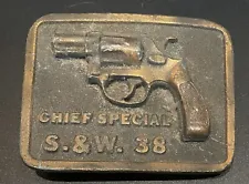 Vintage Brass Smith and Wesson 38 Chief Special Belt Buckle 3" x 2.5"