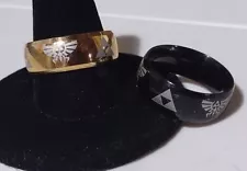 Triforce Legend of Zelda Dome Black Gold Engraving Wedding Band Sz 9.5 Lot Of 2