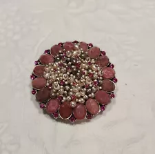 Pink Stone Cultured Pearl Pink Rhinestone 2" Silvertone Round Pin Brooch Unsign