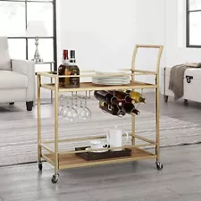 Bar Cart, 32"H x 15"W x 12.25"D, Gold Coffee Cart Home Decor Table Metal Frame