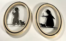 ð¨ANTIQUE PAIR OF BOY AND GIRL SHADOW ART SILHOUETTE PICTURES IN FRAMES