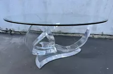 Mid Century Modern Sculpted Lucite 39” Large Round Glass Top Coffee Table