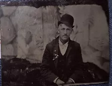 1870s Tintype of Man In Derby With Interesting Background and Clover on Lapel