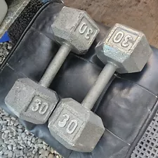 Cast Iron Dumbbell Pair Weights Set 2x30 lbs Total 60 Lbs Yoga Running Used