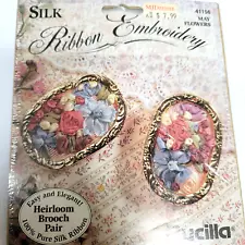 Vintage 1995 Bucilla 100% SILK Ribbon Embroidery May Flowers Kit 2 BROOCH PINS