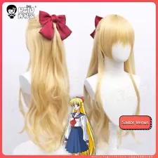 Sailor Moon Sailor Venus V Aino Minako Cosplay Wig Gold Long Hairpieces + Bowtie