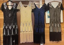 4 Four Dresses 1920's Art Deco Flapper Gatsby Party Bead Sequin Fringe & 2 ‘Hat’