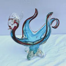 VINTAGE MCM LORRAINE CHALET ART GLASS BIRD TURQUOISE RED HAND BLOWN CENTERPIECE